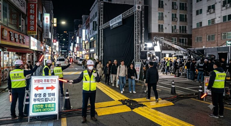 야외 로케이션 촬영지 인근 보행자 케이블 프로텍터 설치 및 시민 안전 통제 현장